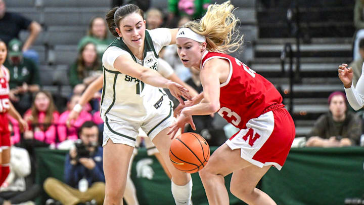 Michigan State's Inếs Sotelo, left, pressures Nebraska's Britt Prince during the first quarter on Thursday, Jan. 15, 2026, in East Lansing.