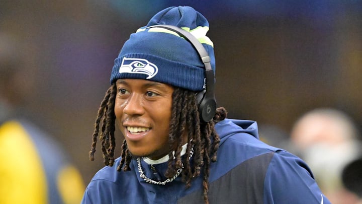 Seattle Seahawks wide receiver Rashid Shaheed warms up