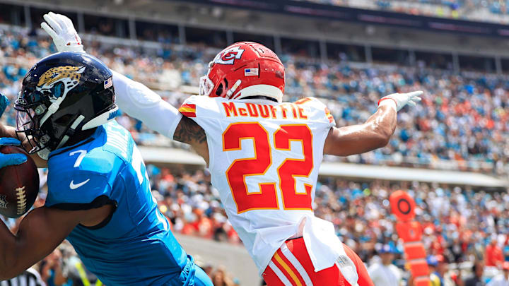 Jacksonville Jaguars wide receiver Zay Jones (7) catches a pass but can   t get his second foot inbounds as Kansas City Chiefs cornerback Trent McDuffie (22) pressures during the second quarter of a NFL football game Sunday, Sept. 17, 2023 at EverBank Stadium in Jacksonville, Fla. The Kansas City Chiefs defeated the Jacksonville Jaguars 17-9. [Corey Perrine/Florida Times-Union]
