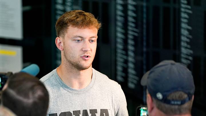 Iowa defensive back Zach Lutmer speaks to media members June 25, 2025 in Iowa City, Iowa.