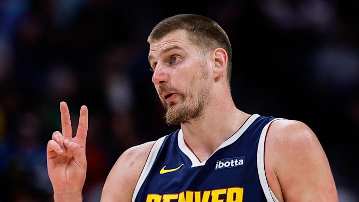 Apr 6, 2026; Denver, Colorado, USA; Denver Nuggets center Nikola Jokic (15) gestures in the second quarter against the Portland Trail Blazers at Ball Arena. Mandatory Credit: Isaiah J. Downing-Imagn Images
