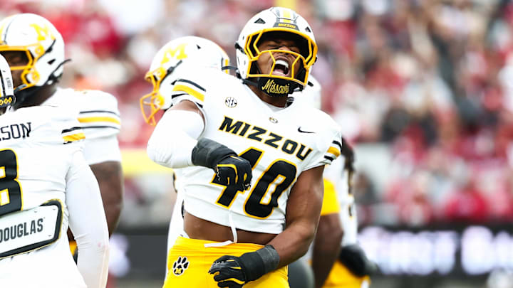 Missouri Tigers linebacker Josiah Trotter (40) reacts during the first quarter against the Oklahoma Sooners at Gaylord Family-Oklahoma Memorial Stadium. Missouri Tigers linebacker Josiah Trotter (40) reacts during the first quarter against the Oklahoma Sooners at Gaylord Family-Oklahoma Memorial Stadium.
