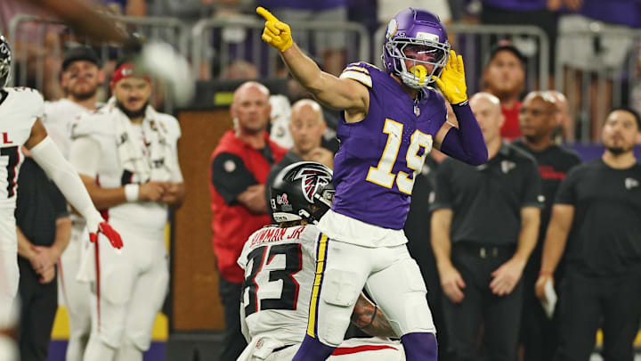 Sep 14, 2025; Minneapolis, Minnesota, USA; Minnesota Vikings wide receiver Adam Thielen (19) celebrates first down during the first half Atlanta Falcons at U.S. Bank Stadium. Mandatory Credit: Matt Krohn-Imagn Images