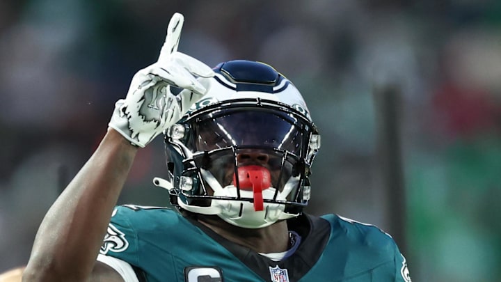 Jan 11, 2026; Philadelphia, PA, USA; Philadelphia Eagles wide receiver A.J. Brown (11) celebrates first down against the San Francisco 49ers during the first quarter in an NFC Wild Card Round game at Lincoln Financial Field. Mandatory Credit: Bill Streicher-Imagn Images