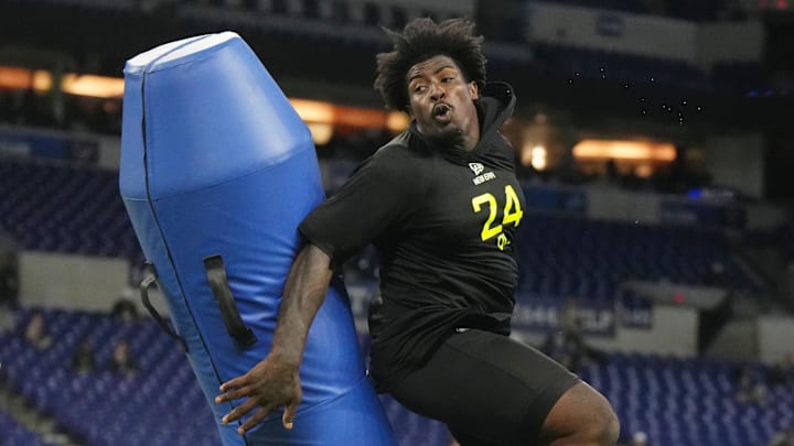 Feb 27, 2025; Indianapolis, IN, USA; Tennessee defensive lineman Omarr Norman-Lott (DL24) participates in drills during the 2025 NFL Combine at Lucas Oil Stadium. Mandatory Credit: Kirby Lee-Imagn Images