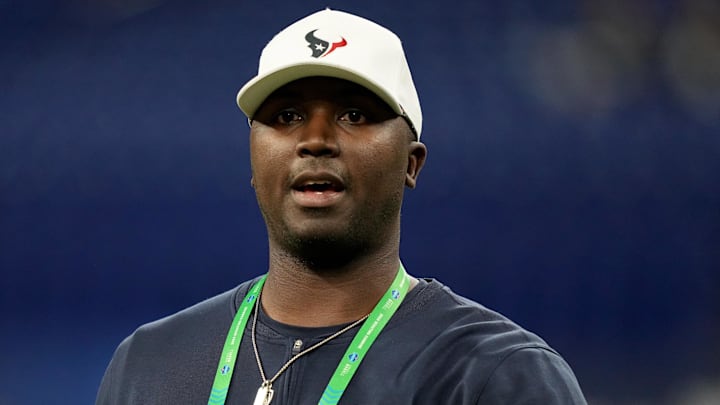 Mar 2, 2024; Indianapolis, IN, USA; Houston Texans quarterbacks coach Jerrod Johnson during the 2024 NFL Combine at Lucas Oil Stadium. Mandatory Credit: Kirby Lee-Imagn Images Mar 2, 2024; Indianapolis, IN, USA; Houston Texans quarterbacks coach Jerrod Johnson during the 2024 NFL Combine at Lucas Oil Stadium. Mandatory Credit: Kirby Lee-Imagn Images