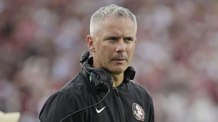 Aug 30, 2025; Tallahassee, Florida, USA; Florida State Seminoles head coach Mike Norvell reacts after a play against the Alabama Crimson Tide during the second half at Doak S. Campbell Stadium. Mandatory Credit: Melina Myers-Imagn Images