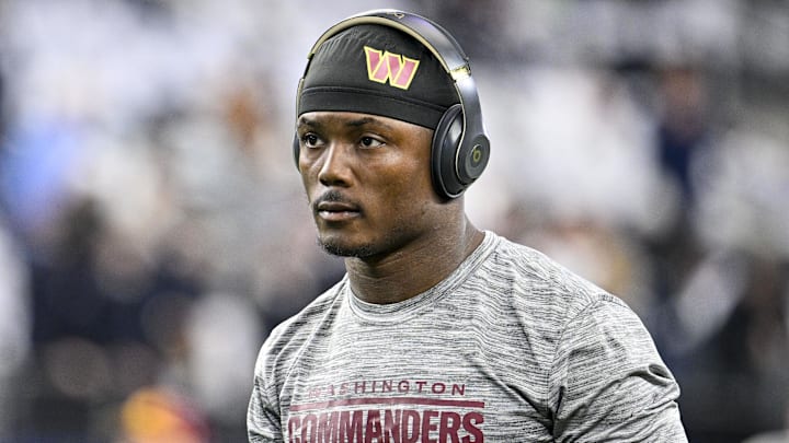 Nov 23, 2023; Arlington, Texas, USA; Washington Commanders wide receiver Terry McLaurin (17) warms up before the game between the Dallas Cowboys and the Washington Commanders at AT&T Stadium. Mandatory Credit: Jerome Miron-Imagn Images
