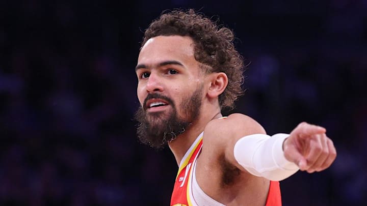 Trae Young #11 of the Atlanta Hawks reacts against the New York Knicks.