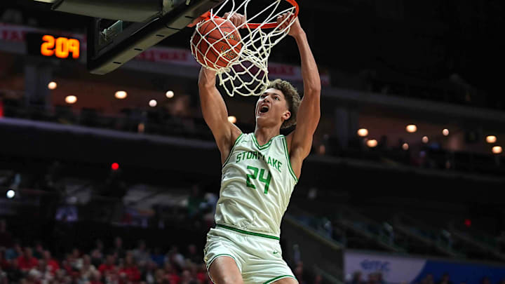 Storm Lake junior Jaidyn Coon dunks the basketball against ADM during the Iowa high school boys state basketball tournament on Monday, March 10, 2025, at Wells Fargo Arena in Des Moines. Mandatory Credit: Bryon Houlgrave-The Des Moines Register