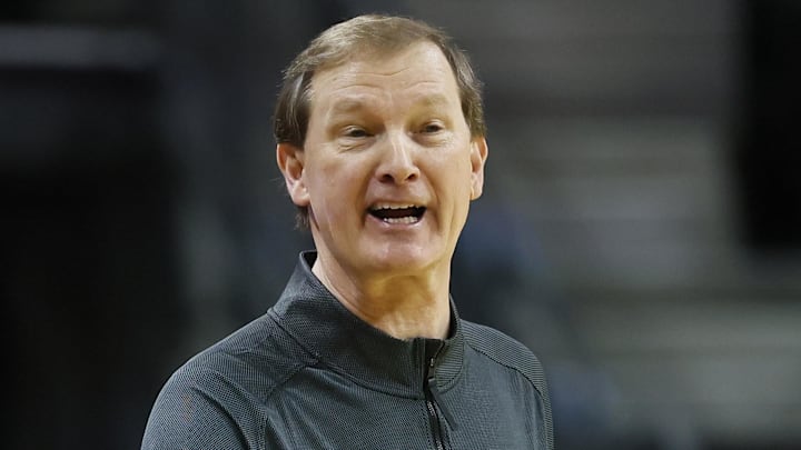 Feb 14, 2022; Eugene, Oregon, USA; Oregon Ducks head coach Dana Altman reacts during the first half against the Washington State Cougars at Matthew Knight Arena. Mandatory Credit: Soobum Im-Imagn Images