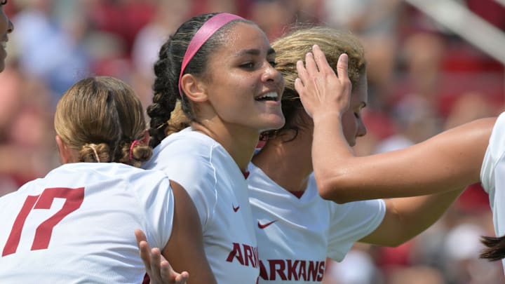 Arkansas soccer celebrates a goal in a 8-0 win over Western Kentucky at Razorback Field 