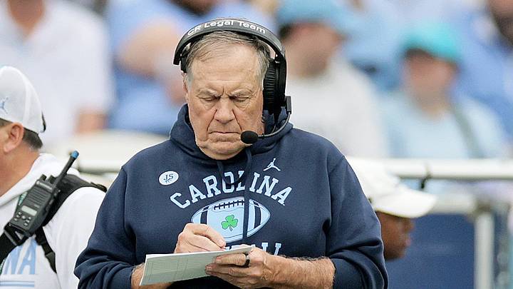 Aug 29, 2026; Dublin, Co. Dublin, IRL; North Carolina Tar Heels head coach Bill Belichick against the TCU Horned Frogs in the first half at Aviva Stadium. Mandatory Credit: Laszlo Geczo-Imagn Images