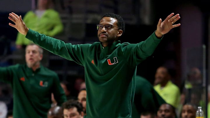 Dec 2, 2025; Oxford, Mississippi, USA; Miami Hurricanes head coach Jai Lucas reacts during the second half against the Mississippi Rebels at The Sandy and John Black Pavilion at Ole Miss. Mandatory Credit: Petre Thomas-Imagn Images Dec 2, 2025; Oxford, Mississippi, USA; Miami Hurricanes head coach Jai Lucas reacts during the second half against the Mississippi Rebels at The Sandy and John Black Pavilion at Ole Miss. Mandatory Credit: Petre Thomas-Imagn Images