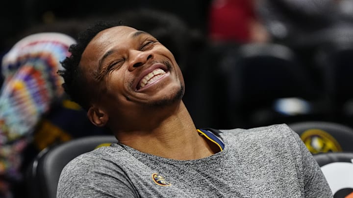 Mar 15, 2025; Denver, Colorado, USA; Denver Nuggets guard Russell Westbrook (4) reacts before the game against the Washington Wizards at Ball Arena. Mandatory Credit: Ron Chenoy-Imagn Images