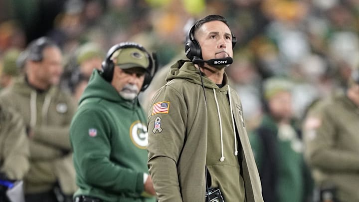 Green Bay Packers head coach Matt LaFleur looks on