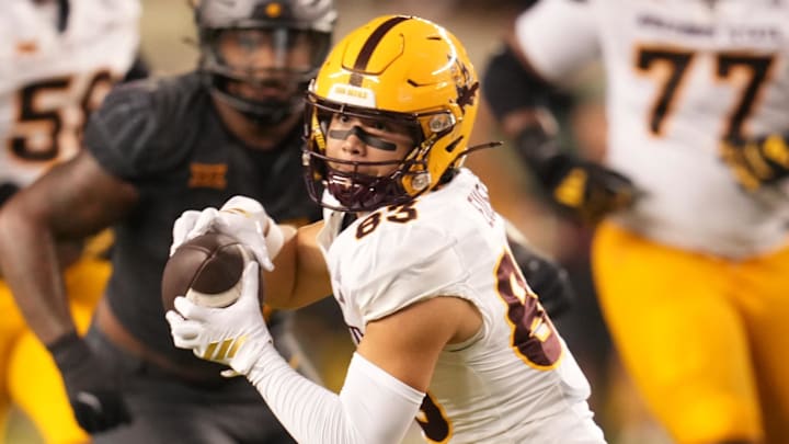 Sep 20, 2025; Waco, Texas, USA; Arizona State Sun Devils wide receiver Derek Eusebio (83) runs after the catch for 61 yards against the Baylor Bears during the second half at McLane Stadium. Mandatory Credit: Chris Jones-Imagn Images