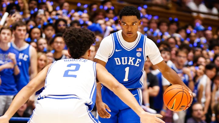 Oct 3, 2025; Durham, NC, USA; Duke Blue Devils guard Caleb Foster (1) dribbles the ball during the Countdown to Craziness at the Cameron Indoor Stadium. Mandatory Credit: Jaylynn Nash-Imagn Images Oct 3, 2025; Durham, NC, USA; Duke Blue Devils guard Caleb Foster (1) dribbles the ball during the Countdown to Craziness at the Cameron Indoor Stadium. Mandatory Credit: Jaylynn Nash-Imagn Images