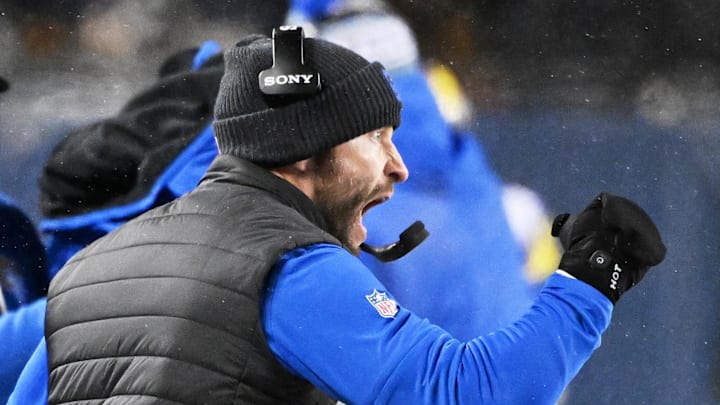 Jan 18, 2026; Chicago, IL, USA; Los Angeles Rams head coach Sean McVay reacts after a defensive stop against the Chicago Bears during the fourth quarter of an NFC Divisional Round game at Soldier Field. Mandatory Credit: Matt Marton-Imagn Images