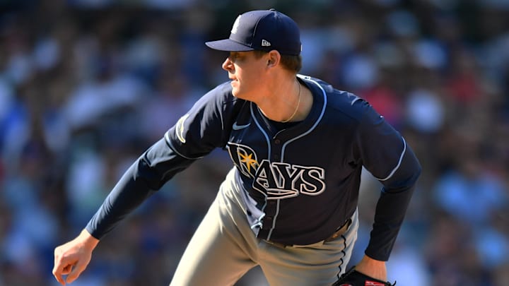 Sep 13, 2025; Chicago, Illinois, USA; Tampa Bay Rays pitcher Pete Fairbanks (29) pitches against the Chicago Cubs during a game at Wrigley Field. 