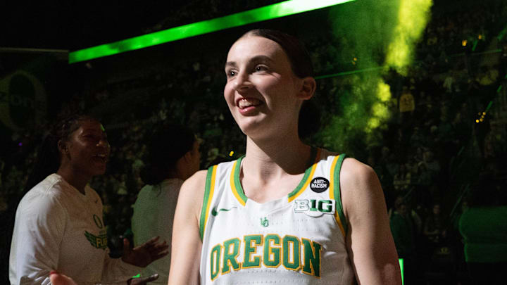 Oregon’s Elisa Mevius is introduced before the game against Iowa at Matthew Knight Arena on Sunday, Jan. 19, 2025. 