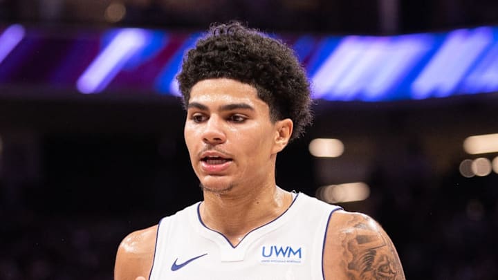 Feb 7, 2024; Sacramento, California, USA; Detroit Pistons guard Killian Hayes (7) celebrates with team mates after a time out was called during the second quarter at Golden 1 Center. Mandatory Credit: Ed Szczepanski-Imagn Images