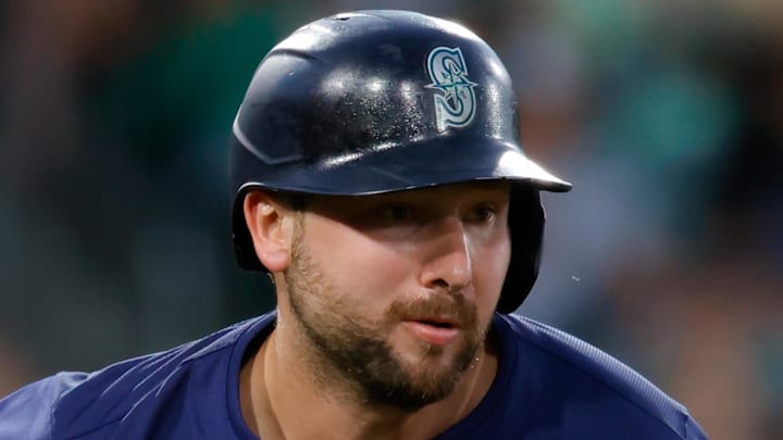 Seattle Mariners catcher Cal Raleigh (29) hits an RBI single during the fifth inning against the Athletics at Sutter Health Park on July 28. Seattle Mariners catcher Cal Raleigh (29) hits an RBI single during the fifth inning against the Athletics at Sutter Health Park on July 28.