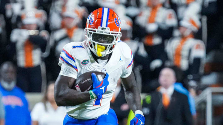 Florida running back Montrell Johnson Jr. (1) runs with the ball during a NCAA football game between Tennessee and Florida in Neyland Stadium, in Knoxville, Tenn., Oct. 12, 2024.