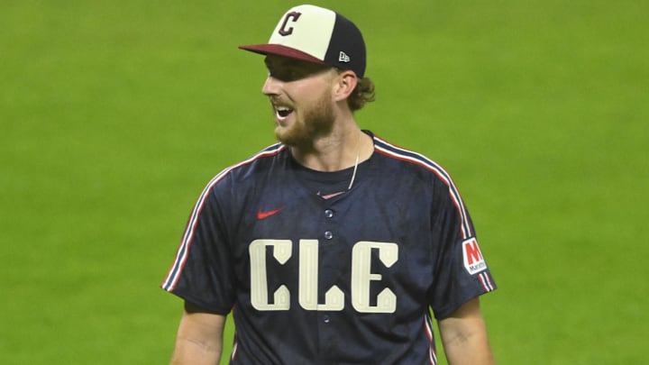 Sep 18, 2024; Cleveland, Ohio, USA; Cleveland Guardians starting pitcher Tanner Bibee (28) reacts after giving up a run in the fifth inning against the Minnesota Twins at Progressive Field. Mandatory Credit: David Richard-Imagn Images Sep 18, 2024; Cleveland, Ohio, USA; Cleveland Guardians starting pitcher Tanner Bibee (28) reacts after giving up a run in the fifth inning against the Minnesota Twins at Progressive Field. Mandatory Credit: David Richard-Imagn Images