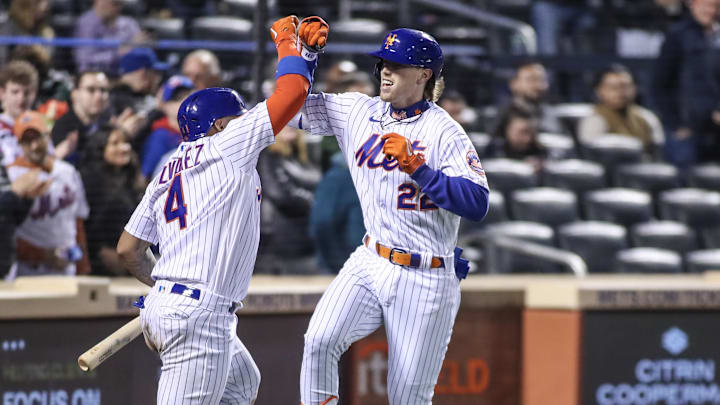 Apr 27, 2023; New York City, New York, USA;  New York Mets third baseman Brett Baty (22) celebrates