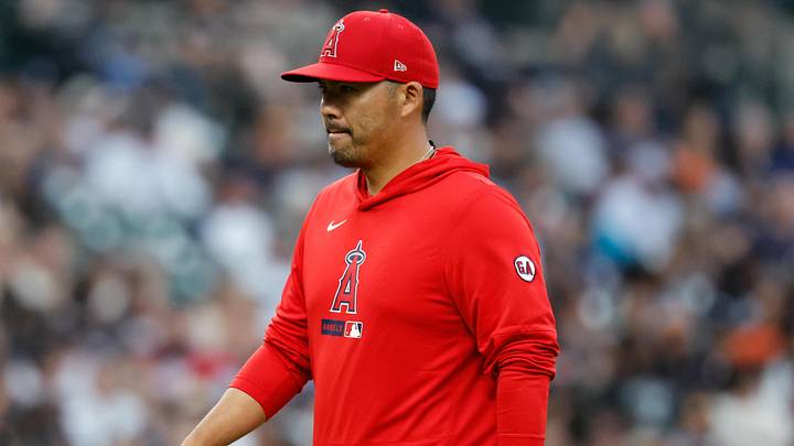 May 26, 2026; Detroit, Michigan, USA;  Los Angeles Angels manager Kurt Suzuki (8) walks off the field in the fifth inning against the Detroit Tigers at Comerica Park. Mandatory Credit: Rick Osentoski-Imagn Images