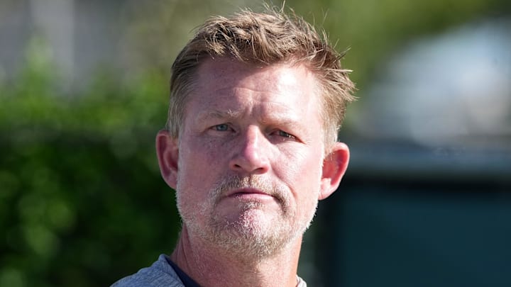 Jul 23, 2025; Los Angeles, CA, USA; Los Angeles Rams general manager Les Snead watches during training camp at Loyola Marymount University. Mandatory Credit: Kirby Lee-Imagn Images