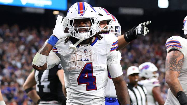 Buffalo Bills RB James Cook III celebrates after scoring a touchdown in the fourth quarter against the Las Vegas Raiders. Buffalo Bills RB James Cook III celebrates after scoring a touchdown in the fourth quarter against the Las Vegas Raiders.