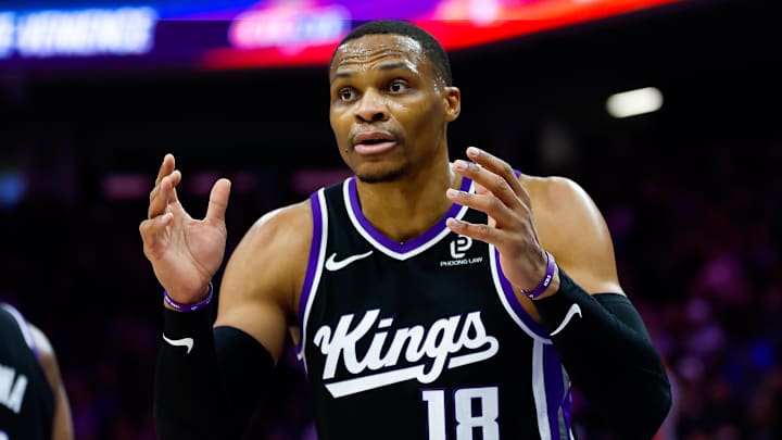 Jan 14, 2026; Sacramento, California, USA; Sacramento Kings guard Russell Westbrook (18) reacts after a call during the second quarter against the New York Knicks at Golden 1 Center. Jan 14, 2026; Sacramento, California, USA; Sacramento Kings guard Russell Westbrook (18) reacts after a call during the second quarter against the New York Knicks at Golden 1 Center.
