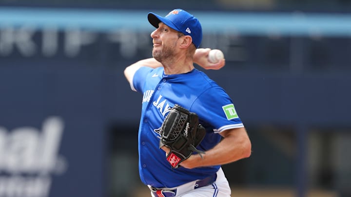 Jun 3, 2025; Toronto, Ontario, CAN; Toronto Blue Jays pitcher Max Scherzer (31) throws a pitch during a live session of batting practice before a game against the Philadelphia Phillies at Rogers Centre. 