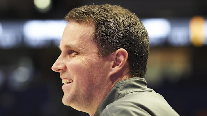 Jan 24, 2026; Pittsburgh, Pennsylvania, USA;  NC State Wolfpack head coach Will Wade reacts on the court against the Pittsburgh Panthers during the second half at the Petersen Events Center. Mandatory Credit: Charles LeClaire-Imagn Images