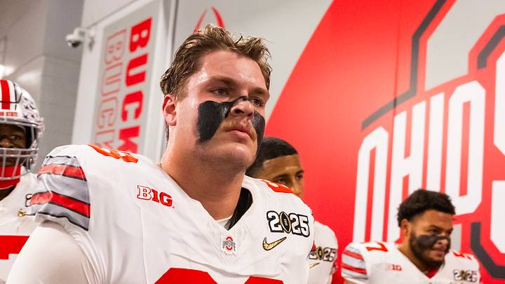 Jan 20, 2025; Atlanta, GA, USA; Ohio State Buckeyes offensive lineman George Fitzpatrick (68) against the Notre Dame Fighting Irish during the CFP National Championship college football game at Mercedes-Benz Stadium. Mandatory Credit: Mark J. Rebilas-Imagn Images Jan 20, 2025; Atlanta, GA, USA; Ohio State Buckeyes offensive lineman George Fitzpatrick (68) against the Notre Dame Fighting Irish during the CFP National Championship college football game at Mercedes-Benz Stadium. Mandatory Credit: Mark J. Rebilas-Imagn Images