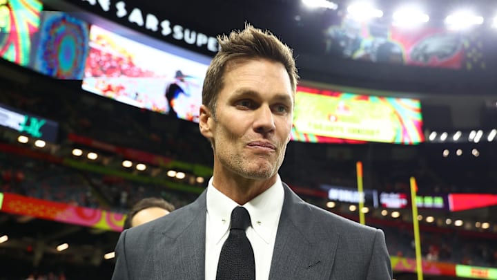 Tom Brady on the field before Super Bowl LIX between the Philadelphia Eagles and the Kansas City Chiefs.