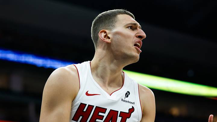 Jan 20, 2026; Sacramento, California, USA; Miami Heat forward Nikola Jovic (5) reacts to a call against the Sacramento Kings during the third quarter at Golden 1 Center. Mandatory Credit: Sergio Estrada-Imagn Images