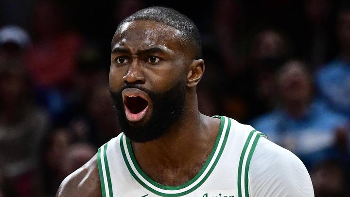 Boston Celtics guard Jaylen Brown (7) reacts after fouling Cleveland Cavaliers guard Donovan Mitchell (45) during the second half at Rocket Arena on Nov 30, 2025. Boston Celtics guard Jaylen Brown (7) reacts after fouling Cleveland Cavaliers guard Donovan Mitchell (45) during the second half at Rocket Arena on Nov 30, 2025.