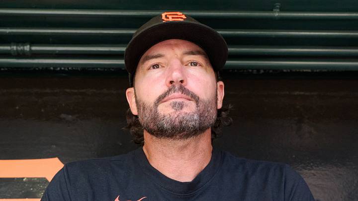 San Francisco, California, USA; San Francisco Giants manager Tony Vitello (23) speaks to the media in the dugout before a game against the San Diego Padres at Oracle Park. Mandatory Credit: Robert Edwards-Imagn Images