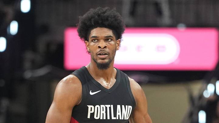 Apr 21, 2026; San Antonio, Texas, USA; Portland Trail Blazers guard Scoot Henderson (0) reacts after scoring a three point basket during the second half of game two of the first round of the 2026 NBA Playoffs against the San Antonio Spurs at Frost Bank Center. Mandatory Credit: Scott Wachter-Imagn Images