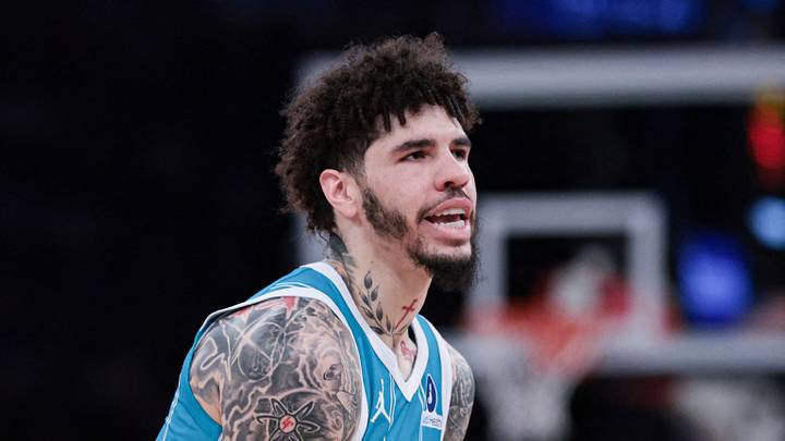 Apr 12, 2026; New York, New York, USA; Charlotte Hornets guard LaMelo Ball (1) reacts after a basket against the New York Knicks during the first half at Madison Square Garden. Mandatory Credit: Vincent Carchietta-Imagn Images
