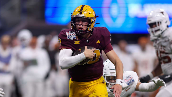 Jan 1, 2025; Atlanta, GA, USA; Arizona State Sun Devils quarterback Sam Leavitt (10) scrambles against the Texas Longhorns in overtime at Mercedes-Benz Stadium. Mandatory Credit: Brett Davis-Imagn Images Jan 1, 2025; Atlanta, GA, USA; Arizona State Sun Devils quarterback Sam Leavitt (10) scrambles against the Texas Longhorns in overtime at Mercedes-Benz Stadium. Mandatory Credit: Brett Davis-Imagn Images