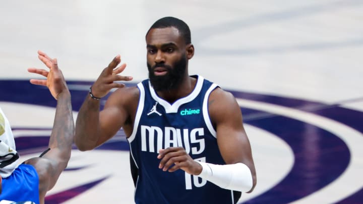 Jun 14, 2024; Dallas, Texas, USA; Dallas Mavericks forward Tim Hardaway Jr. (10) celebrates with teammates during the fourth quarter against the Boston Celtics during game four of the 2024 NBA Finals at American Airlines Center. Mandatory Credit: Kevin Jairaj-USA TODAY Sports