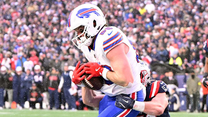 Dec 14, 2025; Foxborough, Massachusetts, USA; Buffalo Bills tight end Dawson Knox (88) scores a touchdown against the New England Patriots during the second half at Gillette Stadium. Dec 14, 2025; Foxborough, Massachusetts, USA; Buffalo Bills tight end Dawson Knox (88) scores a touchdown against the New England Patriots during the second half at Gillette Stadium.