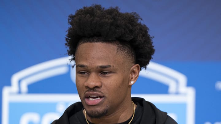 Feb 26, 2026; Indianapolis, IN, USA; Duke defensive back Chandler Rivers (DB28) speaks to members of the media during the NFL Combine at the Indiana Convention Center. Mandatory Credit: Jacob Musselman-Imagn Images Feb 26, 2026; Indianapolis, IN, USA; Duke defensive back Chandler Rivers (DB28) speaks to members of the media during the NFL Combine at the Indiana Convention Center. Mandatory Credit: Jacob Musselman-Imagn Images
