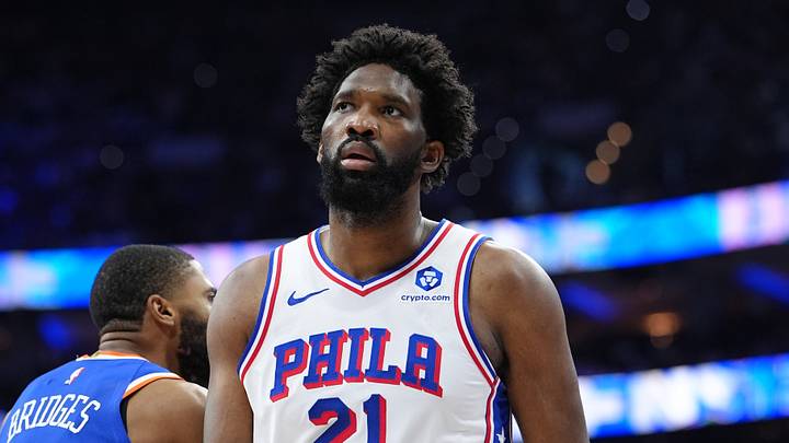 Philadelphia 76ers center Joel Embiid (21) reacts against the New York Knicks in the first quarter during game four of the second round of the 2026 NBA Playoffs at Xfinity Mobile Arena. Philadelphia 76ers center Joel Embiid (21) reacts against the New York Knicks in the first quarter during game four of the second round of the 2026 NBA Playoffs at Xfinity Mobile Arena.