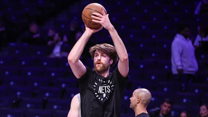 Apr 8, 2025; Brooklyn, New York, USA;  Brooklyn Nets forward Drew Timme (26) warms up prior to the game against the New Orleans Pelicans at Barclays Center. Mandatory Credit: Wendell Cruz-Imagn Images