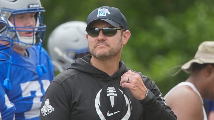 Memphis coach Ryan Silverfield looks on as he stands by some of his players during practice at the Billy J Murphy Athletic Complex at the University of Memphis.